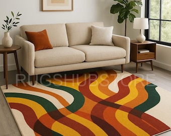 Retro Wavy Area Rug: Mid-Century Modern Earth Tones