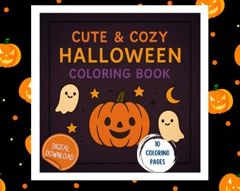 May include: A Halloween-themed coloring book with the text "Cute & Cozy Halloween Coloring Book." The cover features a smiling orange pumpkin, two friendly ghosts, stars, and a crescent moon. Includes 10 coloring pages.