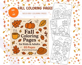 Puede incluir: Una descarga digital de páginas para colorear con temática otoñal para niños y adultos. El diseño incluye una calabaza, hojas, una taza de café y el texto "Fall Coloring Pages". La descarga incluye 65 páginas.