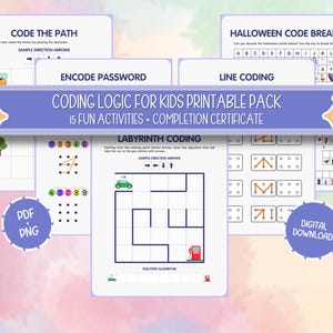 Könnte beinhalten: Ein druckbares Paket für Kinder mit Programmierlogik-Aktivitäten. Das Paket enthält 15 unterhaltsame Aktivitäten und ein Abschlusszertifikat. Die Seiten zeigen Programmieraufgaben, darunter Labyrinthe und Rätsel. Als digitaler Download in PDF und PNG verfügbar.