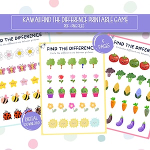May include: A printable "Find the Difference" game with three colorful pages featuring illustrations of flowers, insects, and vegetables. The game includes the text "KAWAII FIND THE DIFFERENCE PRINTABLE GAME" and "DIGITAL DOWNLOAD".