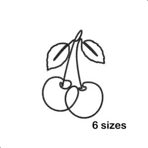 May include: Black and white line drawing of two cherries with leaves. The text "6 sizes" is below the cherries. The cherries are connected by a stem and have two leaves.