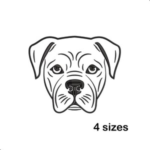 May include: A black and white line drawing of a dog's face, featuring detailed lines that define the eyes, nose, and ears. The text "4 sizes" is below the dog's face.