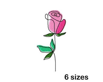 Rose Embroidery Design, One Line Stem Rose with Leaves, Minimalist Pattern, Instant Download