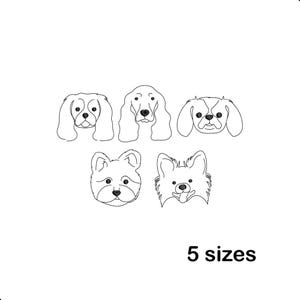 May include: Line art illustrations of five different dog breeds. Each dog's face is depicted with simple black lines on a white background. The text "5 sizes" is below the illustrations.
