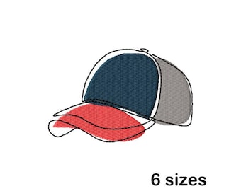 Peut inclure: Motif de casquette de baseball brodée avec une couronne bleu marine, des panneaux latéraux gris et une visière rouge. Le motif est souligné en noir et le texte "6 sizes" est en dessous.