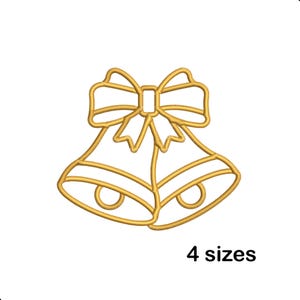 May include: Gold-colored outline of two Christmas bells tied with a bow at the top. The bells have a simple, elegant design with a curved shape and a small loop at the bottom. The text "4 sizes" is below the bells.