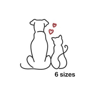 Puede incluir: Un dibujo lineal negro de un perro y un gato sentados juntos, con dos corazones rojos encima. El texto "6 tamaños" está debajo de los animales. Ideal para los amantes de las mascotas.