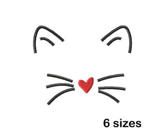 Cat Face Machine Embroidery Design, Heart Nose Whiskers Line Art, Instant Download