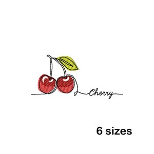 May include: Embroidered design of two red cherries with a green leaf and the word "Cherry" in a script font. The image also includes the text "6 sizes" in a black font.