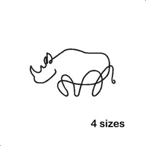 May include: A minimalist black line drawing of a rhinoceros on a white background. The rhino is depicted in a continuous line, with the text "4 sizes" below the image.