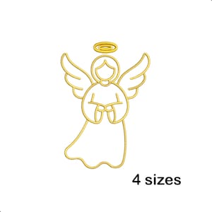 May include: A gold-colored embroidered angel design with a halo and wings. The angel is holding its hands together in a prayerful pose. The text "4 sizes" is below the angel.