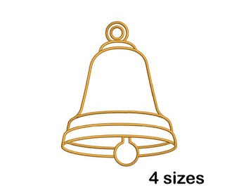 Puede incluir: Un contorno dorado de una campana con una parte superior circular y un badajo. La campana tiene una base redondeada y dos líneas horizontales. El texto "4 sizes" está debajo.