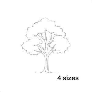 Puede incluir: Un dibujo lineal en blanco y negro de un árbol con una copa completa y el texto "4 tamaños" debajo. El árbol tiene un tronco grueso y muchas ramas.