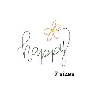 以下が含まれることがあります： 白い背景に、緑色の筆記体で「happy」という文字が書かれています。文字の上には、オレンジ色の輪郭と黄色の中心を持つデイジーがあります。「7 sizes」という文字が「happy」の下にあります。