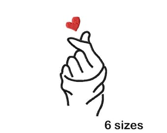 Finger Heart Machine Embroidery Design, Korean Love Gesture Line Art, Instant Download