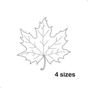 Puede incluir: Un dibujo lineal en blanco y negro de una hoja de arce con venas detalladas y un tallo curvo. El texto "4 tamaños" está debajo de la hoja, indicando las opciones de tamaño para el diseño. La hoja tiene una forma clásica y estilizada.