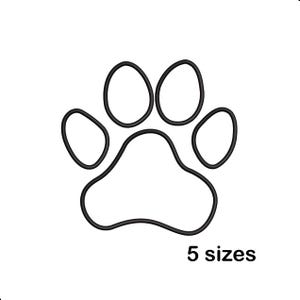 May include: Black paw print outline with five toe beans, set against a white background. The text "5 sizes" is below the paw print.