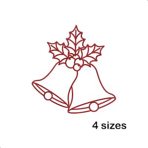 May include: Red outline illustration of two Christmas bells with holly leaves and berries. The text "4 sizes" is below the bells. The design is on a white background.