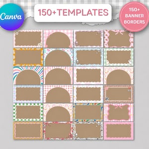 Puede incluir: Una colección digital de más de 150 plantillas y bordes de pancartas con varios marcos rectangulares y semicirculares. Los diseños incluyen diversos patrones como rayas, cuadros y motivos florales en rosa, azul, verde y amarillo.