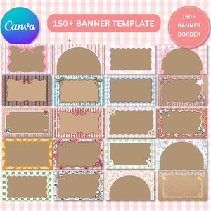 May include: A digital collection of 150+ banner templates and 150+ banner borders featuring various rectangular and semi-circular frames with scalloped edges, decorative bows, floral accents, and diverse patterns in pink, blue, and green.
