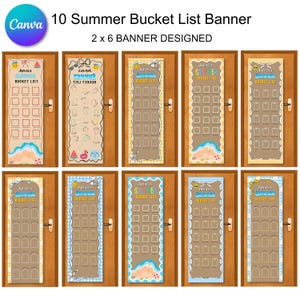 以下が含まれることがあります： 10 Summer Bucket List Banner 2 x 6 BANNER DESIGNEDとラベル付けされた10枚の縦長長方形バナー。各バナーはタン色の背景で、ビーチの風景、サングラス、空のチェックボックスなど、夏をテーマにしたさまざまなイラストが描かれています。
