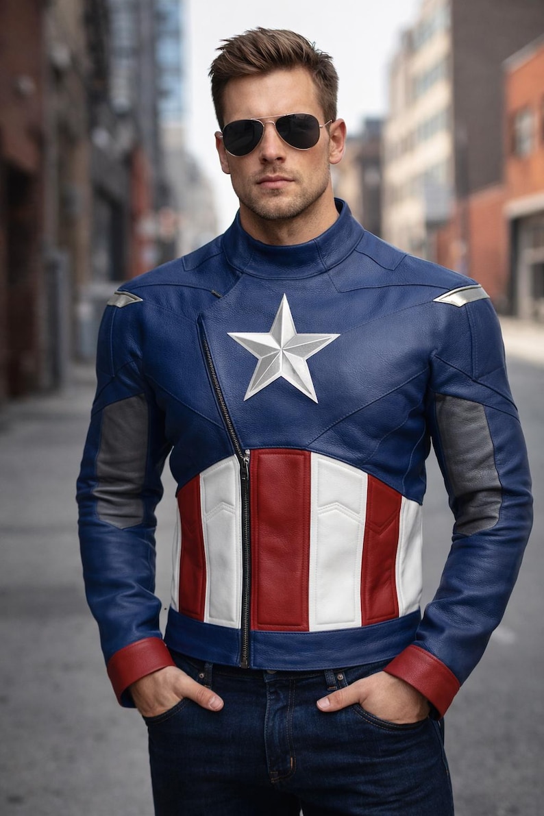 May include: Blue leather jacket with a white star emblem, red and white stripes, and silver accents. The jacket has a zipper closure and is worn with blue jeans and sunglasses. The jacket is inspired by a superhero.