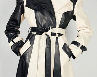 Patchwork Leather Trench Coat, Black and White Long Jacket, Custom Made