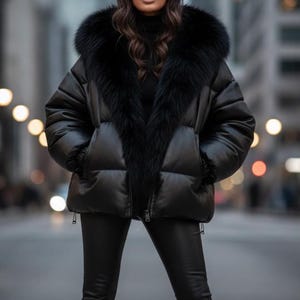 May include: A black puffer jacket featuring a large, plush black faux fur collar and hood. The jacket has a smooth, matte finish, horizontal quilted sections, long sleeves with ribbed cuffs, and a front zipper closure with two side pockets.