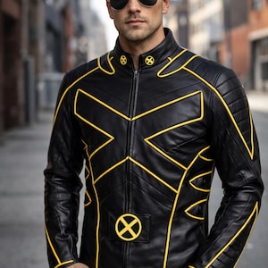 May include: Black leather jacket with yellow detailing and an X-shaped pattern. The jacket has a stand-up collar, a front zip, and the X-Men logo on the chest. The jacket is worn with sunglasses and blue denim jeans.
