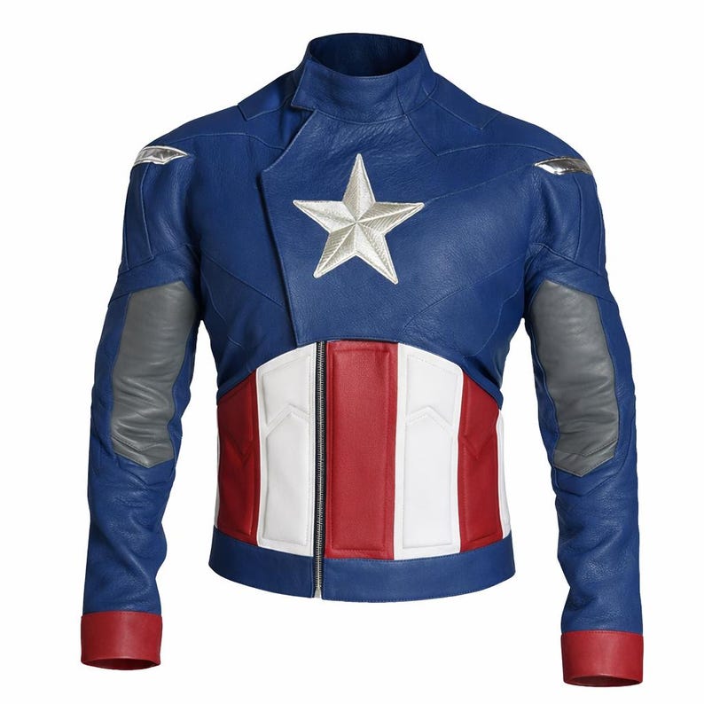 May include: A blue leather jacket with a silver star emblem on the chest. The jacket features red and white stripes across the midsection, gray panels on the sleeves, and red cuffs. A silver emblem is on each shoulder.