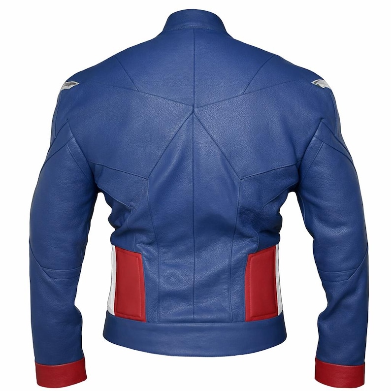 May include: A blue leather jacket with red and white accents. The back of the jacket features a star-shaped design and red panels on the lower back. The sleeves have red cuffs, and there are silver shoulder details. A stylish outerwear piece.
