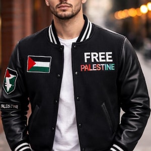 Schwarze Varsity Jacke mit Palästinenser Flagge und Leder Ärmeln
