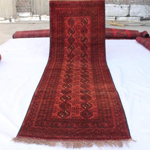 2'6x8'4 Afghan Qalamdan Kitchen Runner Rug, Vintage Piece, Hand-Knotted Terracotta Wool Rug ,Hallway Decor