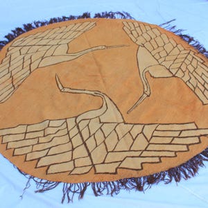 7'5x7'7 Pictorial Herons Round Rug, Handmade Wool Kilim Rug, Vintage Bohemian Flatweave, Minimalist Decor