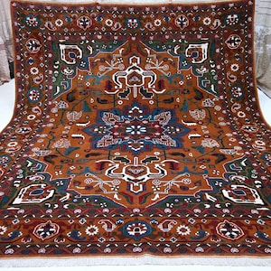 Hand-Knotted Afghan Geometric Heriz Rug, Wool 8x10 ft,, Oriental Rug Earth Tone, Statement Piece