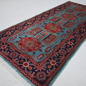 3x6 Afghan Rug - Turquoise Fine Wool Runner, Hand-Knotted Rug Tribal, Turkmen Ariana, Bedside Decor
