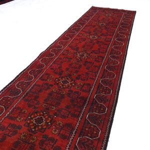 Alfombra de pasillo roja de 3 m, anudada a mano en lana de Bukhara afgana, alfombra oriental para mesa.