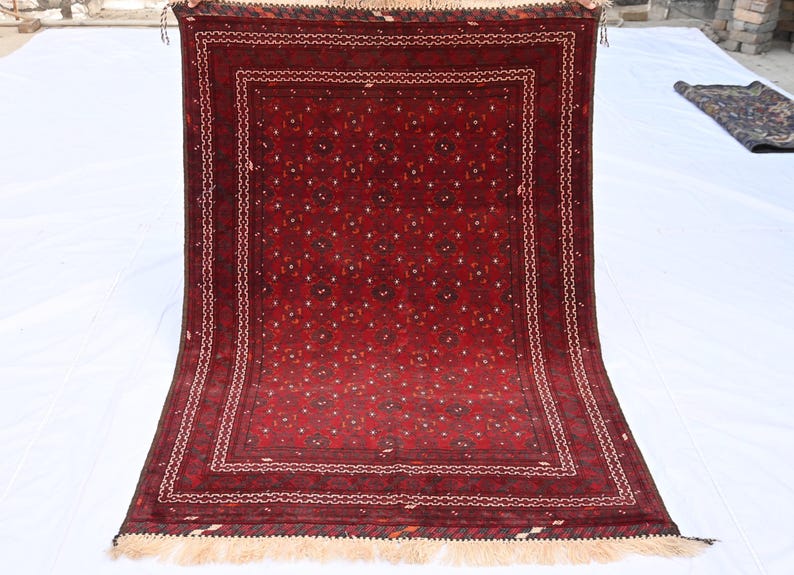 Classic Rug Pattern Background 4'1X5'9 Vintage Afghan Rug, Handmade Tribal Wool Rug, Turkmen Bashiri ...