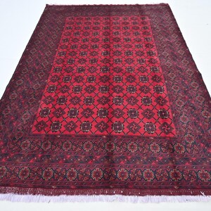 Turkmen Bashiri Rug 6'7x10 Handmade Red Wool Area Rug Old Tribal Bukhara Oriental Carpet