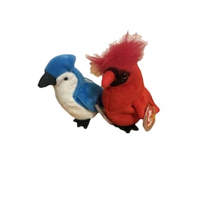 Ty Beanie Baby Mac the Cardinal And Rocket The Blue Jay  with Tag Protector