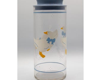 Vintage Country Goose Glass Canister Blue Bow Farmhouse Kitchen Jar with Lid