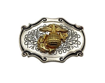 US Marine Corps EGA Belt Buckle Gold Silver Tone Western Scroll USMC Military