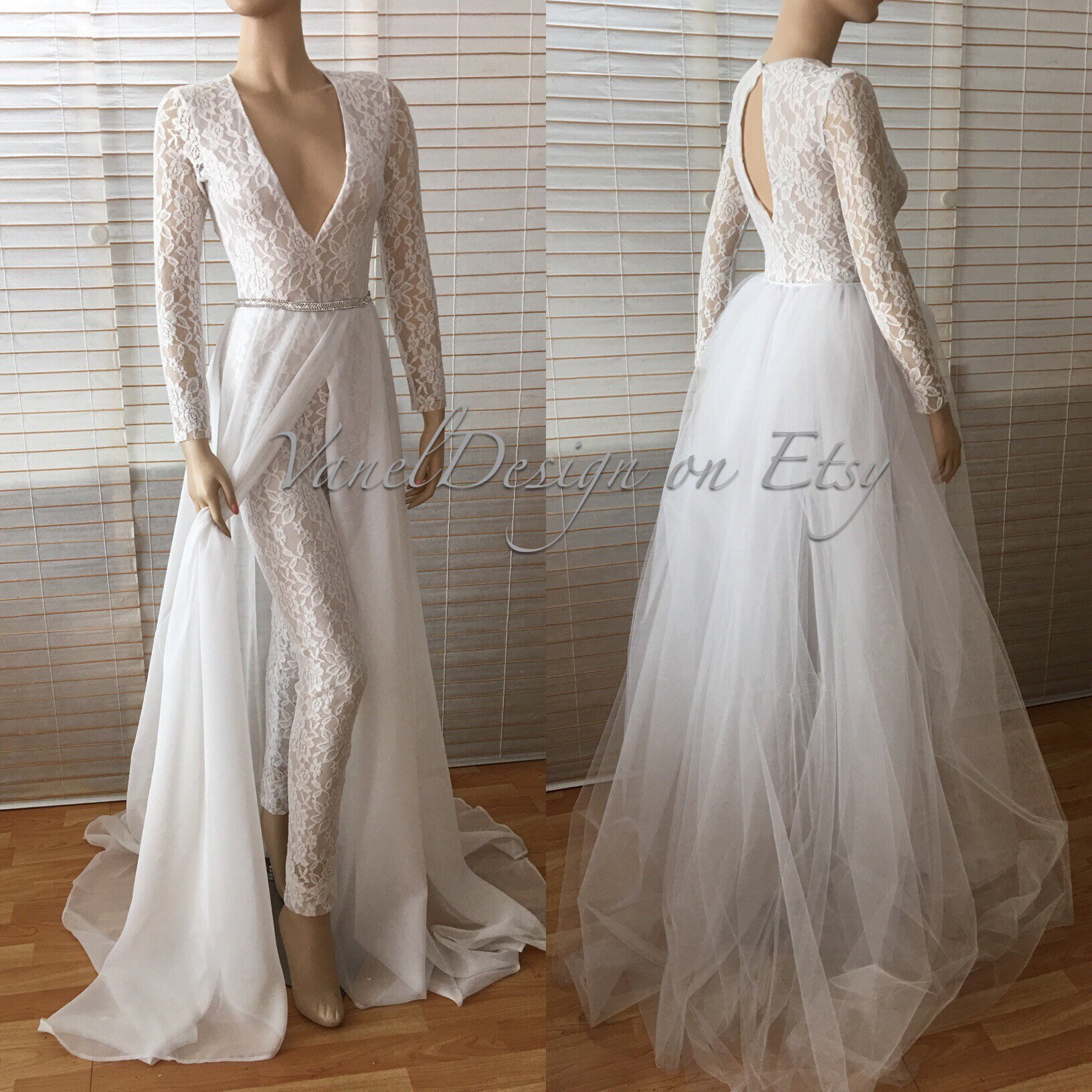 Bridal Jumpsuit Bodysuit Detachable Skirt Formal Bridesmaid Etsy