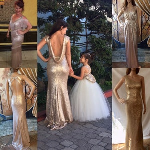 Bridesmaid Dress, Rose Gold Mermaid, Wedding Gown, Sequin Dress, Bridal, Full Length, Long Champagne,Maternity, Plus Size, Formal, Evening