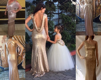 Bridesmaid Dress, Rose Gold Mermaid, Wedding Gown, Sequin Dress, Bridal, Full Length, Long Champagne,Maternity, Plus Size, Formal, Evening