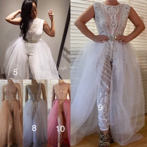 Jumpsuit Wedding Dress Bridal Bodysuit Detachable Skirt Formal Bridesmaid Dress Sequins Leggings Blush Lace Reception Dress Long Tulle Skirt