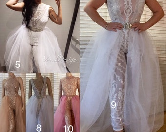 Jumpsuit Wedding Dress Bridal Bodysuit Detachable Skirt Formal Bridesmaid Dress Sequins Leggings Blush Lace Reception Dress Long Tulle Skirt