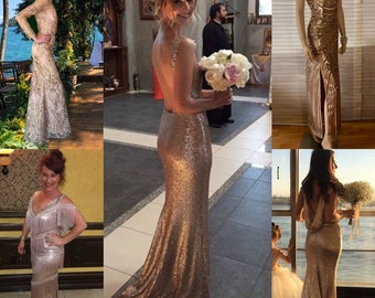 Bridesmaid Dress Long Sequins Champagne Blush Rose Gold Mermaid Weddings Open Back cocktail dress formal elegant dress sexy dress