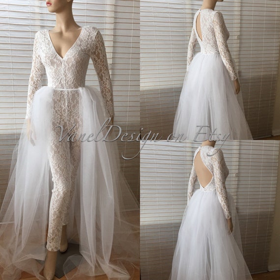 Discount Elegant Strapless Jumpsuit Wedding Dreses With Detachable Skirt Floor Length Lace Appliqued Cheap Beach Wedding Dress Bridal Dresses Cheap Bride Dresses Online From Lovebridals1 89 75 Dhgate Com